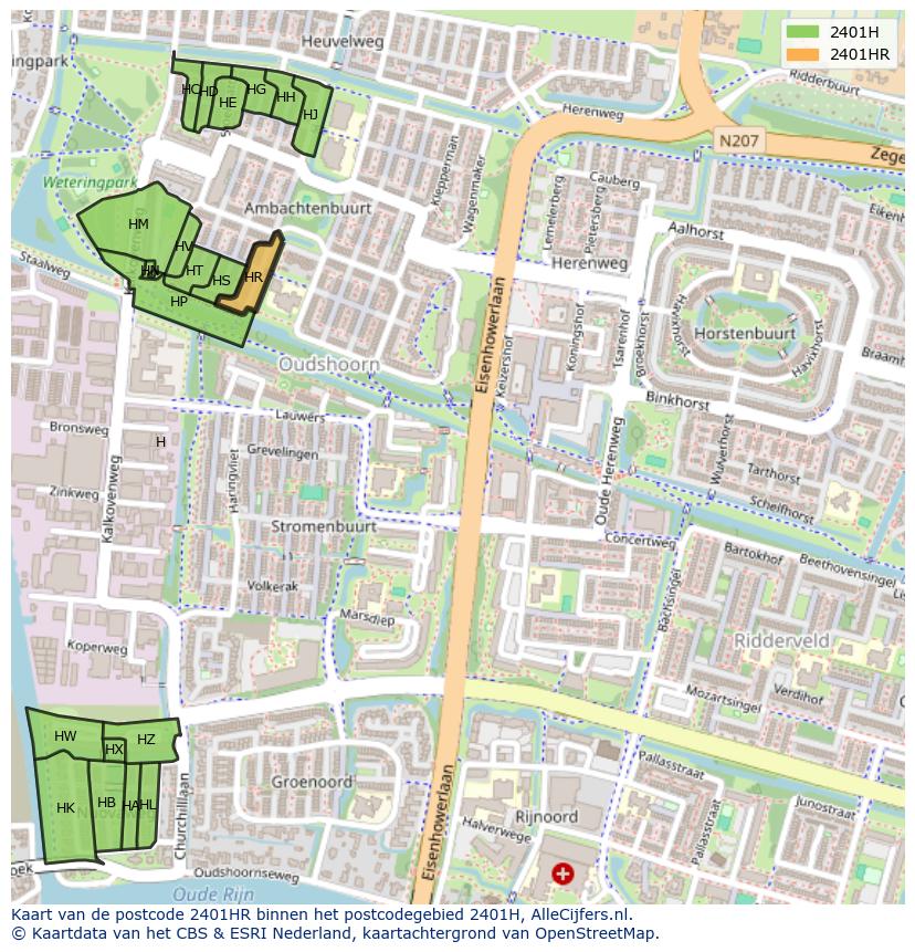 Afbeelding van het postcodegebied 2401 HR op de kaart.