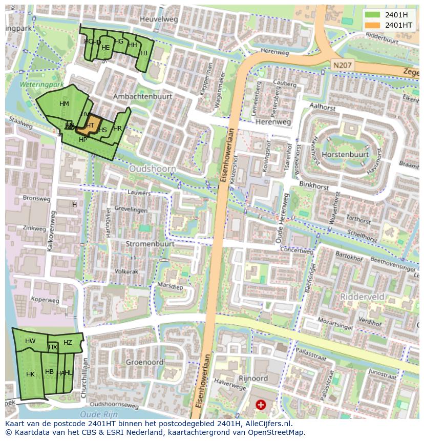 Afbeelding van het postcodegebied 2401 HT op de kaart.