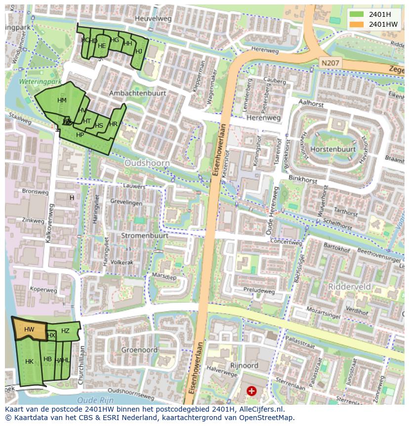 Afbeelding van het postcodegebied 2401 HW op de kaart.