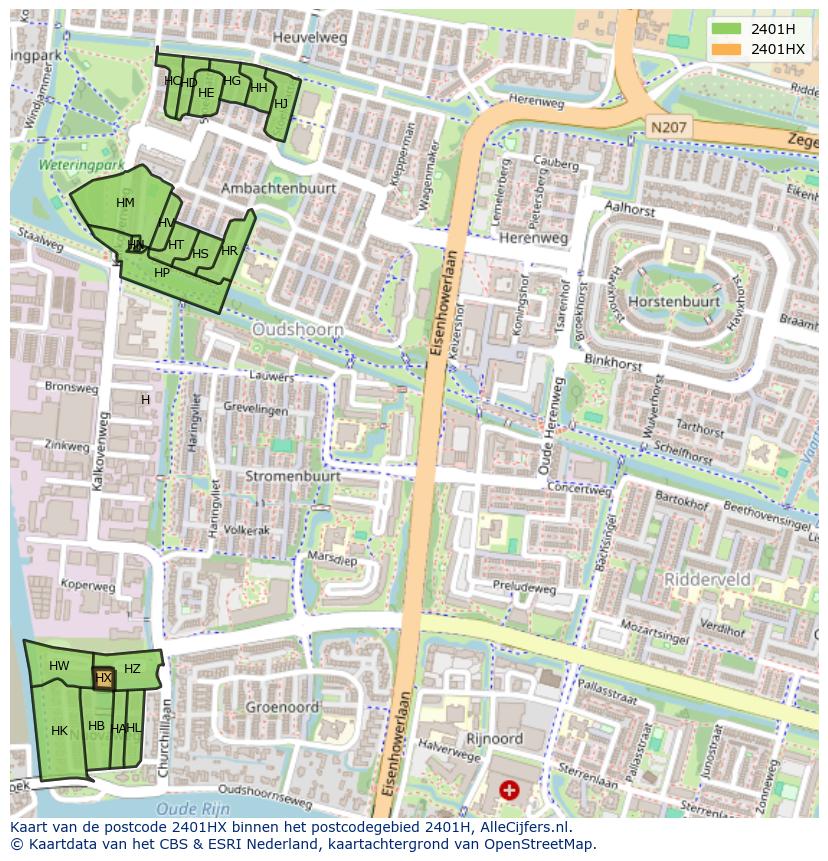 Afbeelding van het postcodegebied 2401 HX op de kaart.