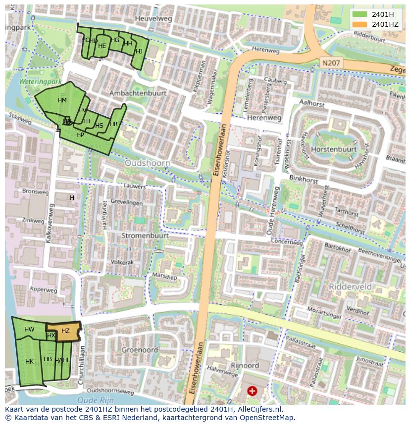 Afbeelding van het postcodegebied 2401 HZ op de kaart.