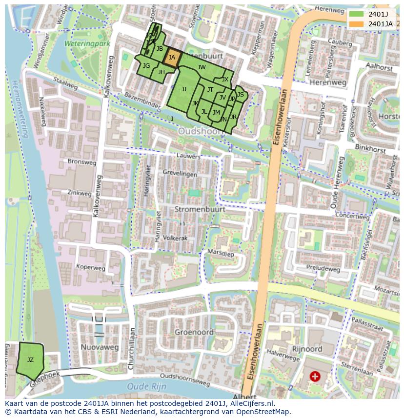 Afbeelding van het postcodegebied 2401 JA op de kaart.