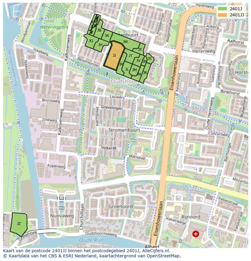 Afbeelding van het postcodegebied 2401 JJ op de kaart.
