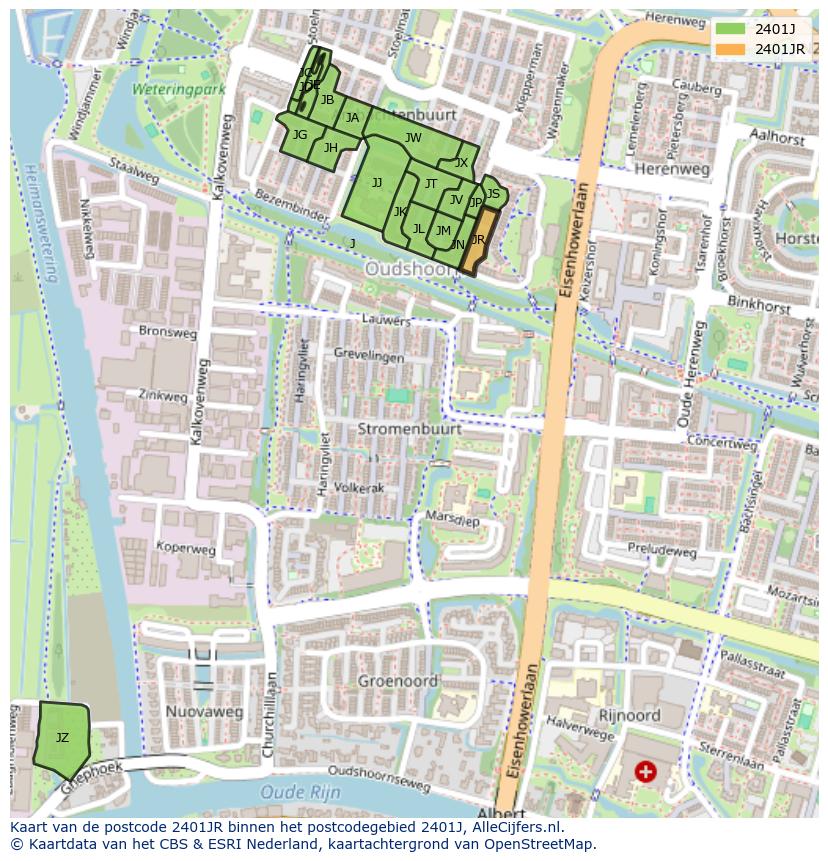 Afbeelding van het postcodegebied 2401 JR op de kaart.