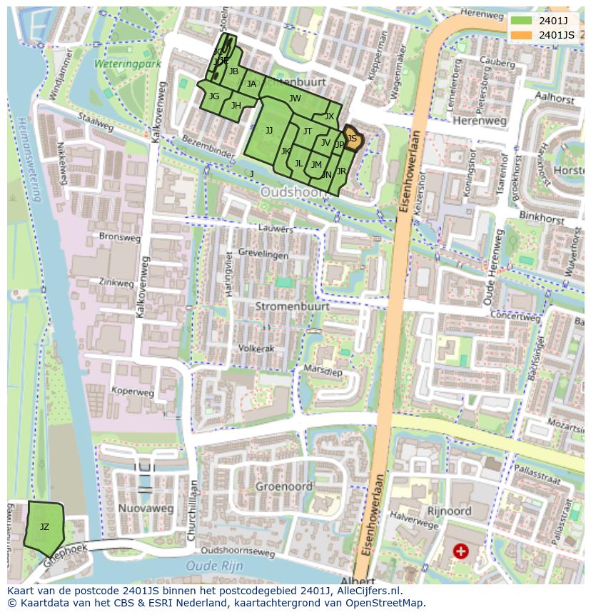 Afbeelding van het postcodegebied 2401 JS op de kaart.