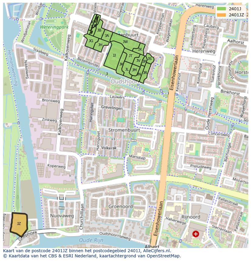 Afbeelding van het postcodegebied 2401 JZ op de kaart.