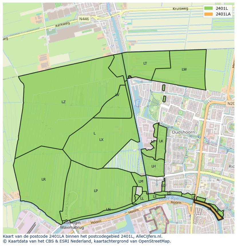 Afbeelding van het postcodegebied 2401 LA op de kaart.