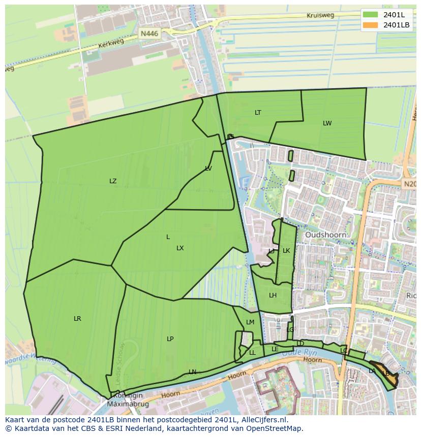 Afbeelding van het postcodegebied 2401 LB op de kaart.