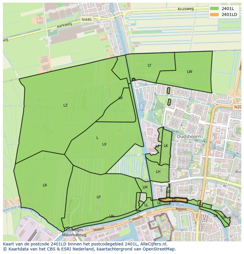 Afbeelding van het postcodegebied 2401 LD op de kaart.