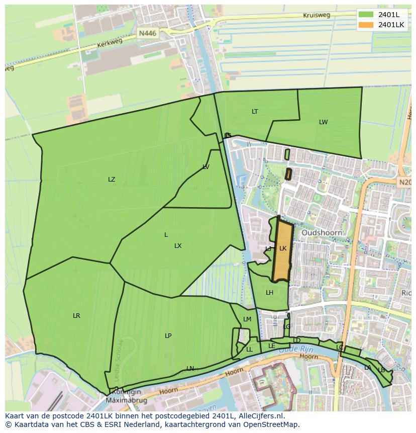 Afbeelding van het postcodegebied 2401 LK op de kaart.