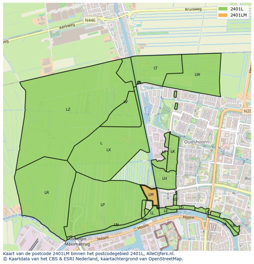 Afbeelding van het postcodegebied 2401 LM op de kaart.