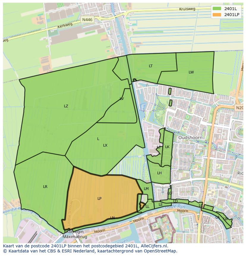 Afbeelding van het postcodegebied 2401 LP op de kaart.