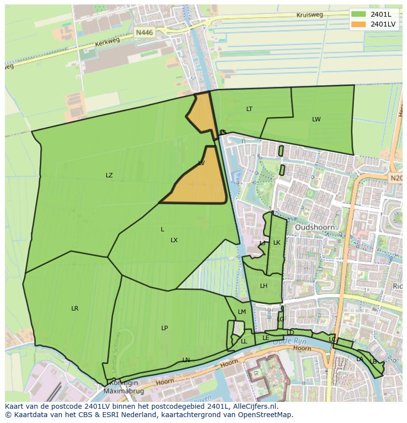 Afbeelding van het postcodegebied 2401 LV op de kaart.