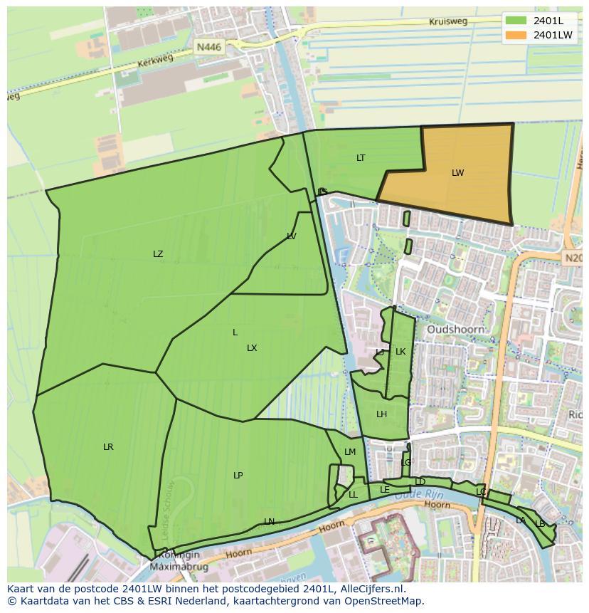 Afbeelding van het postcodegebied 2401 LW op de kaart.