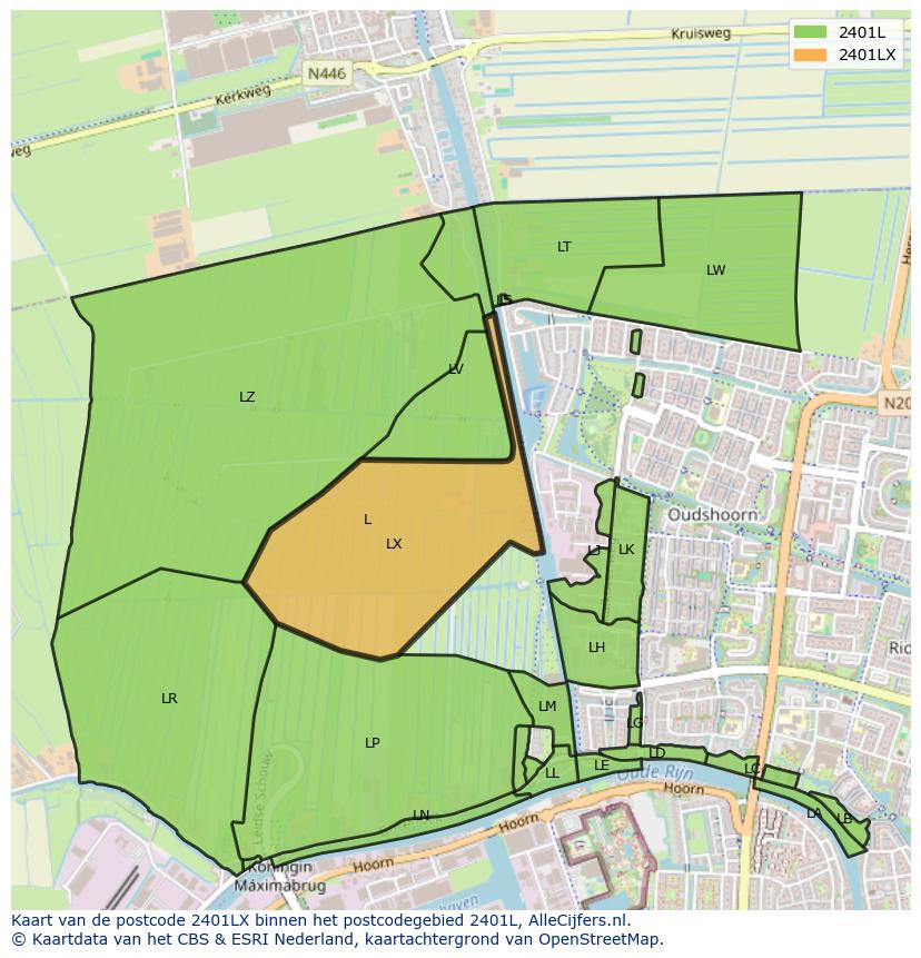 Afbeelding van het postcodegebied 2401 LX op de kaart.
