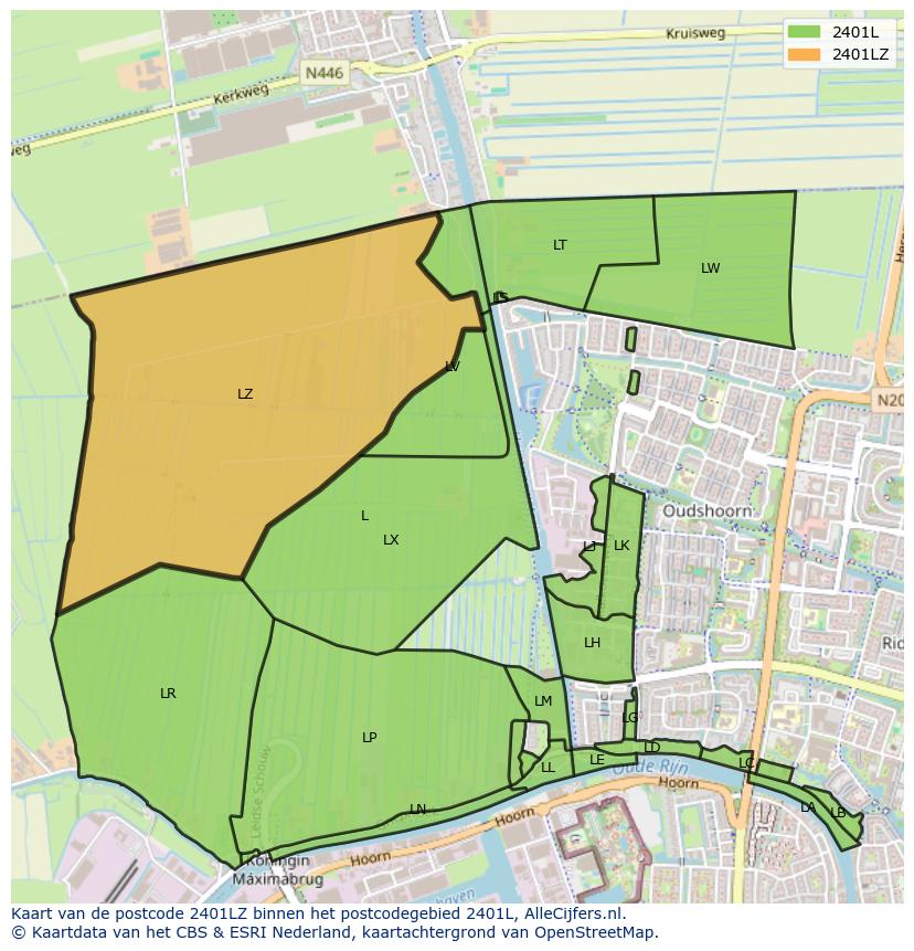 Afbeelding van het postcodegebied 2401 LZ op de kaart.