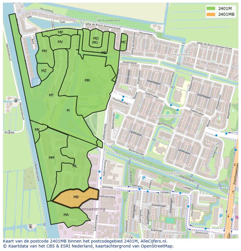 Afbeelding van het postcodegebied 2401 MB op de kaart.