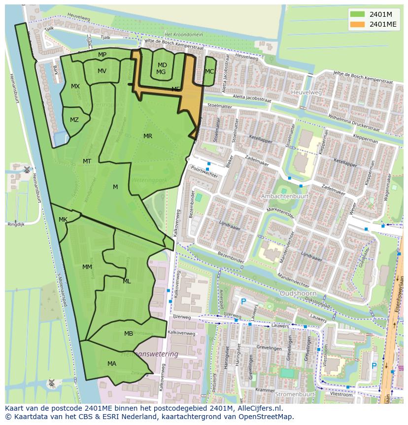 Afbeelding van het postcodegebied 2401 ME op de kaart.