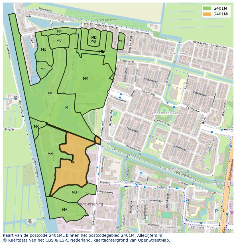Afbeelding van het postcodegebied 2401 ML op de kaart.