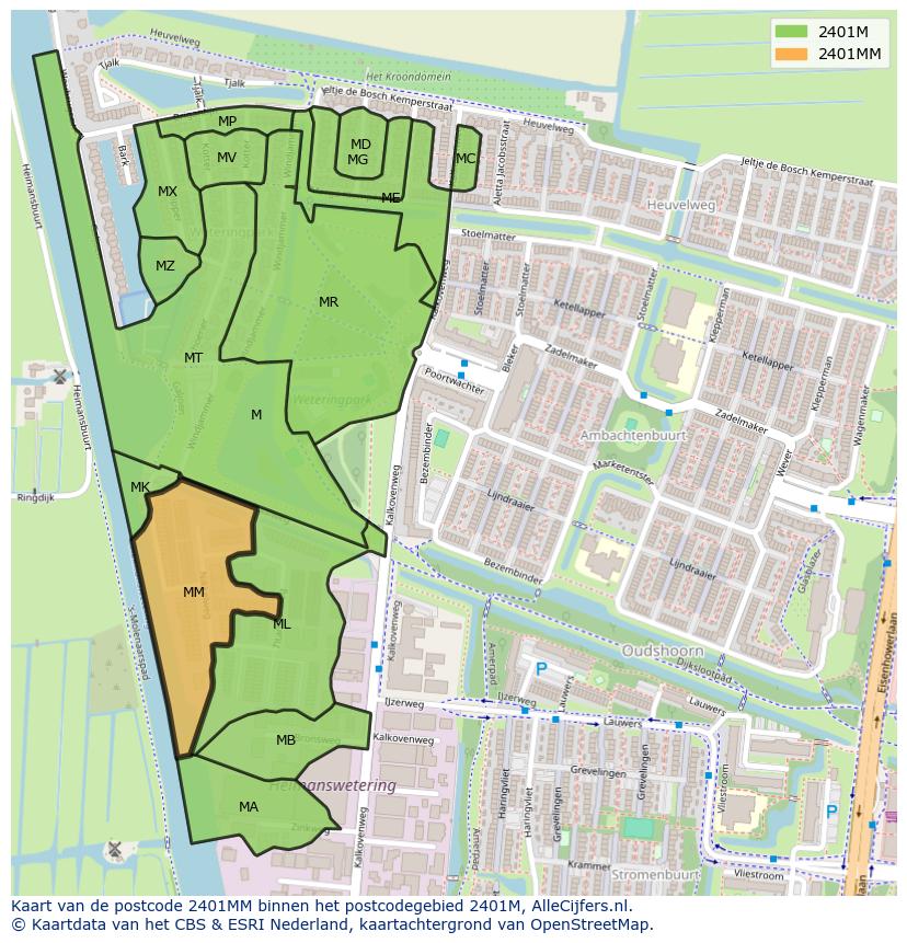 Afbeelding van het postcodegebied 2401 MM op de kaart.