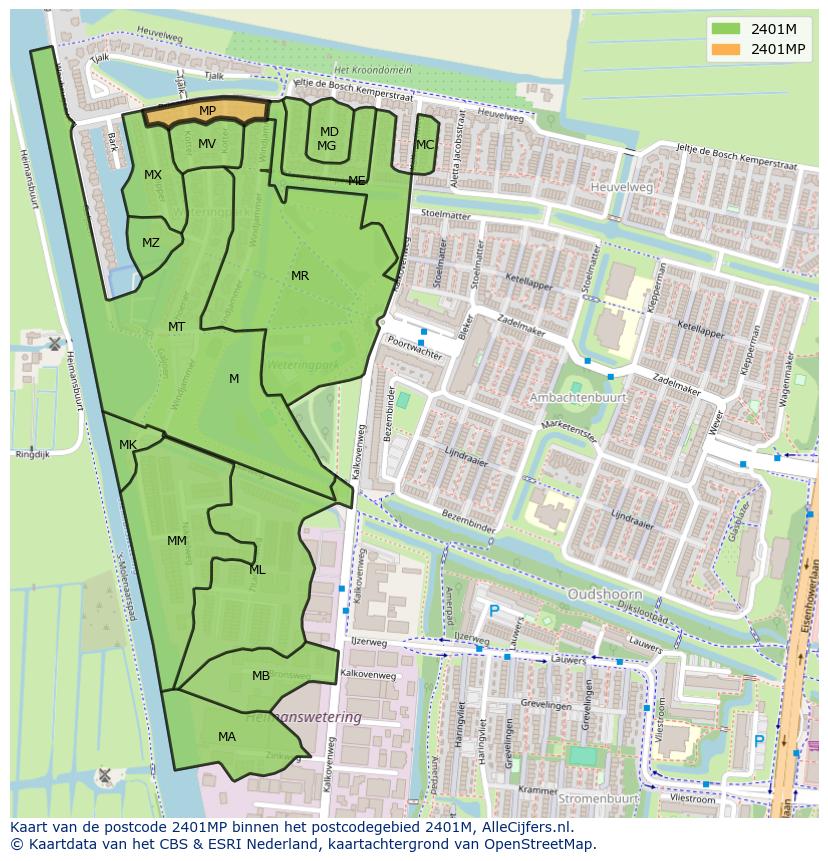 Afbeelding van het postcodegebied 2401 MP op de kaart.