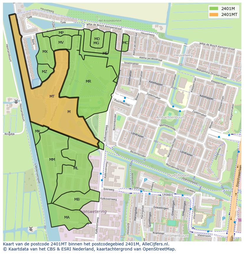 Afbeelding van het postcodegebied 2401 MT op de kaart.