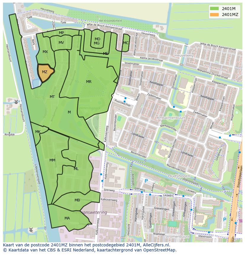 Afbeelding van het postcodegebied 2401 MZ op de kaart.