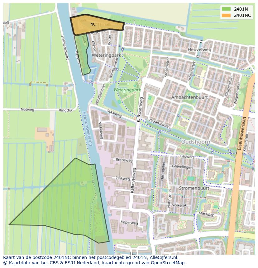 Afbeelding van het postcodegebied 2401 NC op de kaart.
