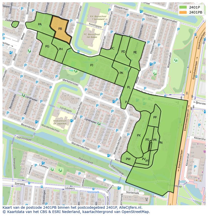 Afbeelding van het postcodegebied 2401 PB op de kaart.