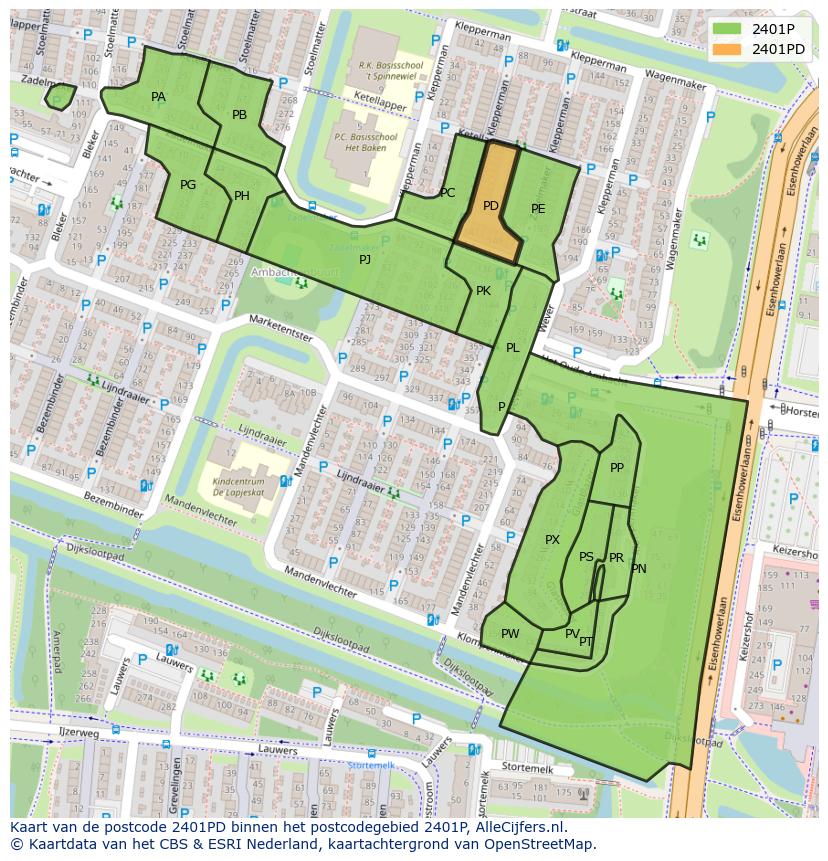 Afbeelding van het postcodegebied 2401 PD op de kaart.