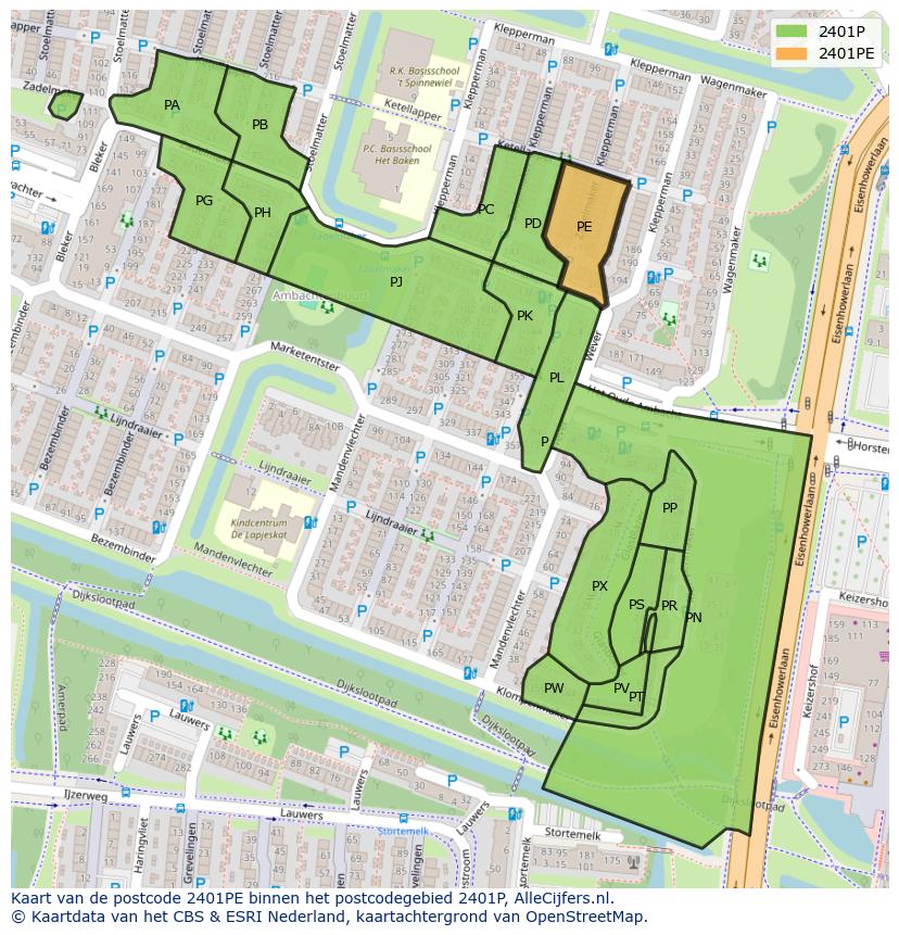 Afbeelding van het postcodegebied 2401 PE op de kaart.