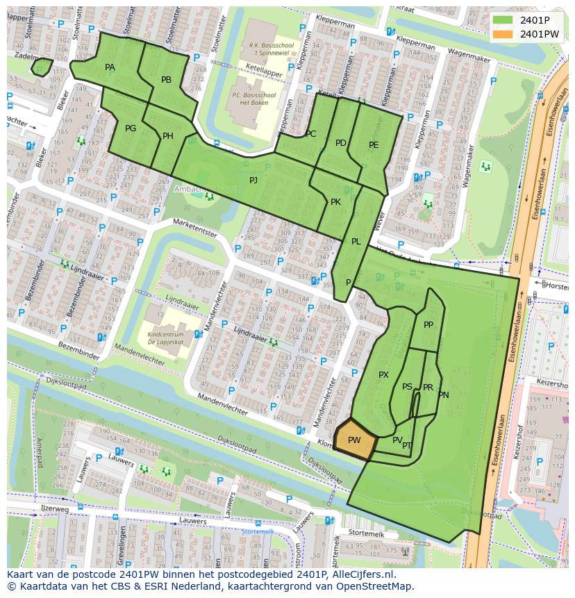 Afbeelding van het postcodegebied 2401 PW op de kaart.