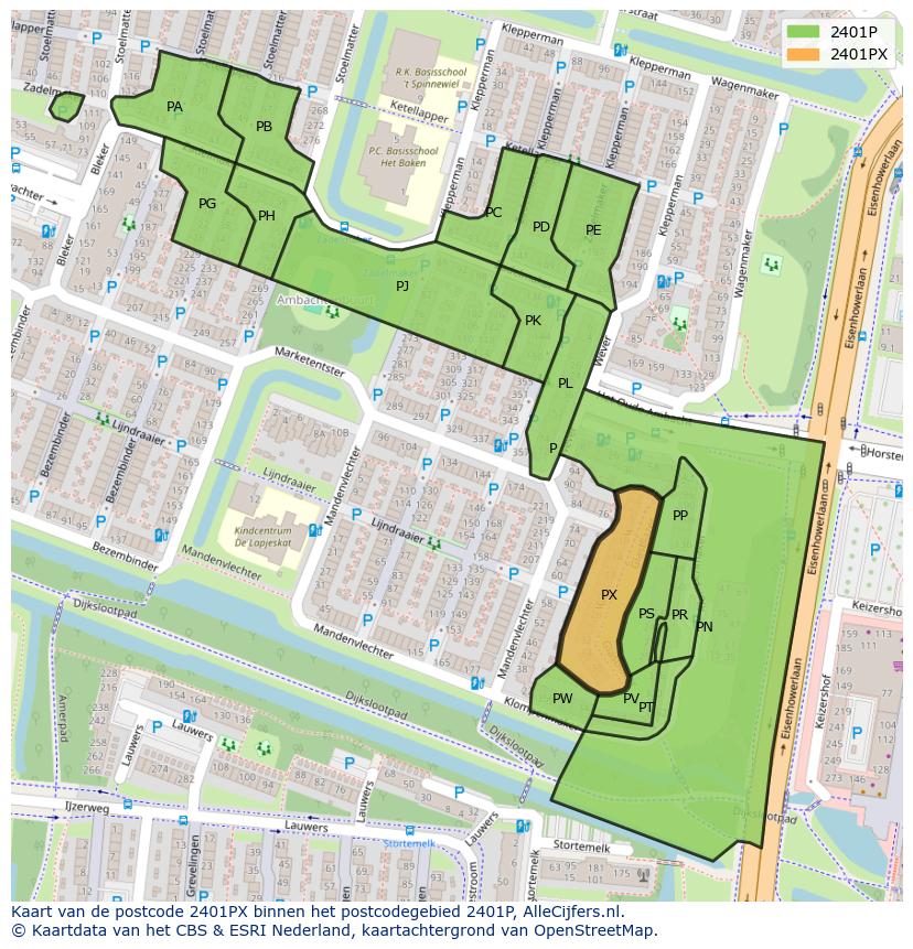 Afbeelding van het postcodegebied 2401 PX op de kaart.