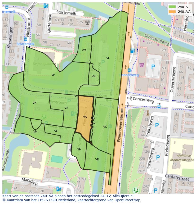 Afbeelding van het postcodegebied 2401 VA op de kaart.
