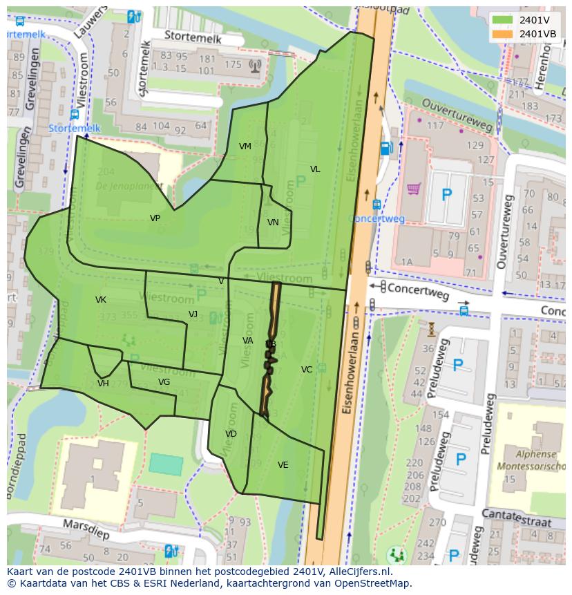 Afbeelding van het postcodegebied 2401 VB op de kaart.