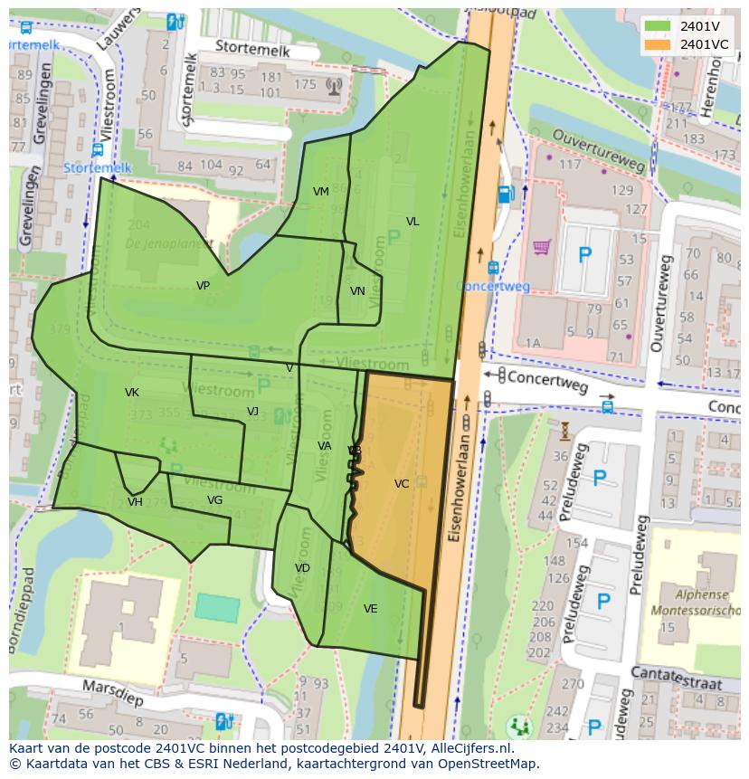 Afbeelding van het postcodegebied 2401 VC op de kaart.