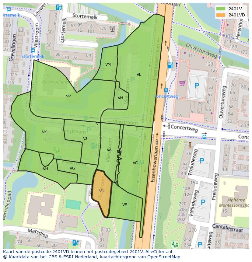 Afbeelding van het postcodegebied 2401 VD op de kaart.