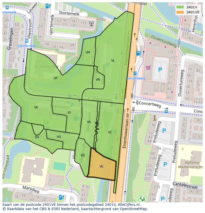 Afbeelding van het postcodegebied 2401 VE op de kaart.