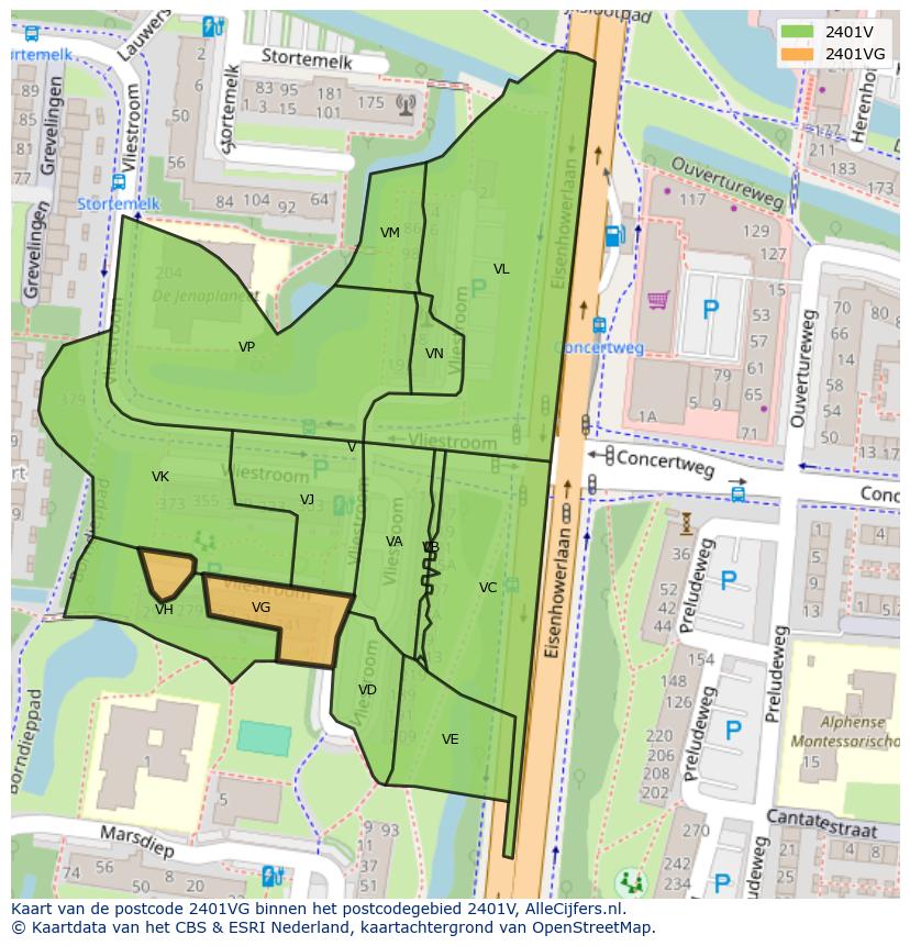 Afbeelding van het postcodegebied 2401 VG op de kaart.