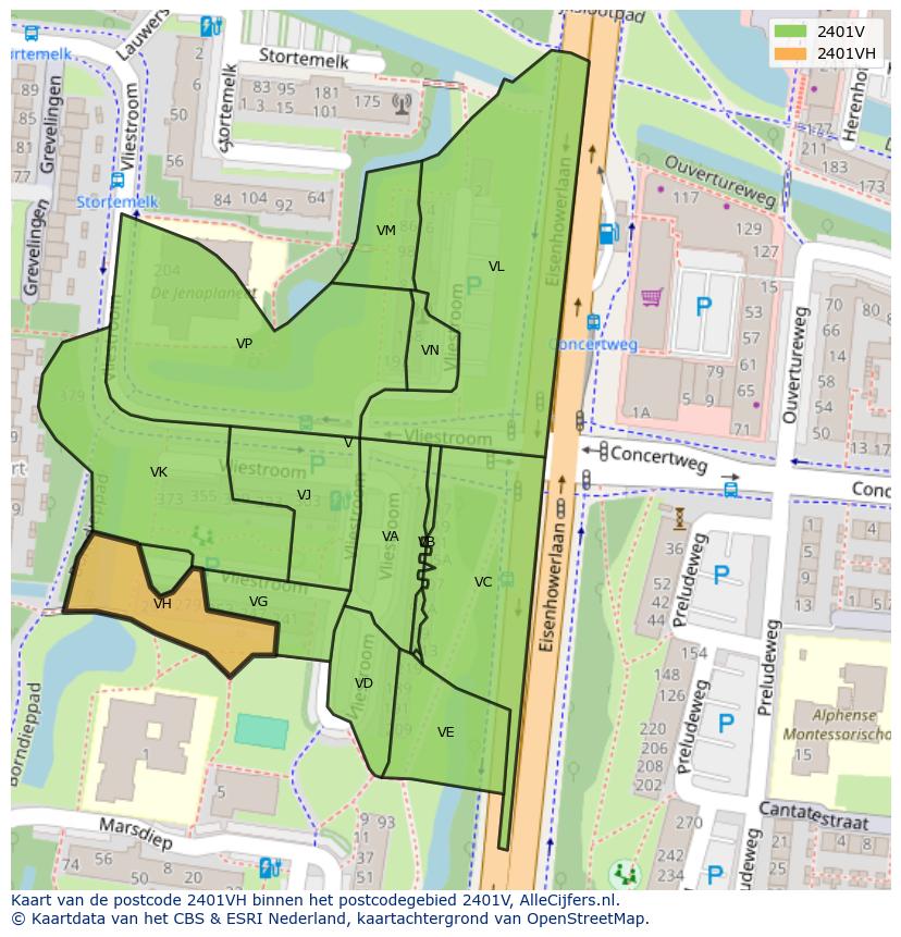 Afbeelding van het postcodegebied 2401 VH op de kaart.