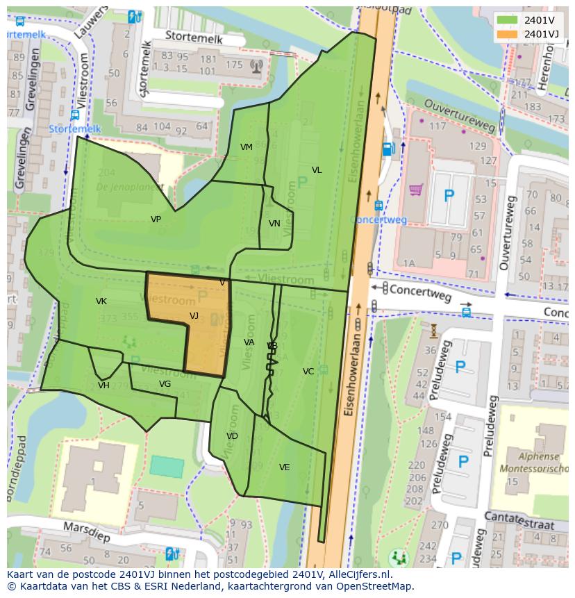 Afbeelding van het postcodegebied 2401 VJ op de kaart.