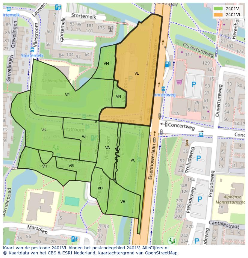 Afbeelding van het postcodegebied 2401 VL op de kaart.