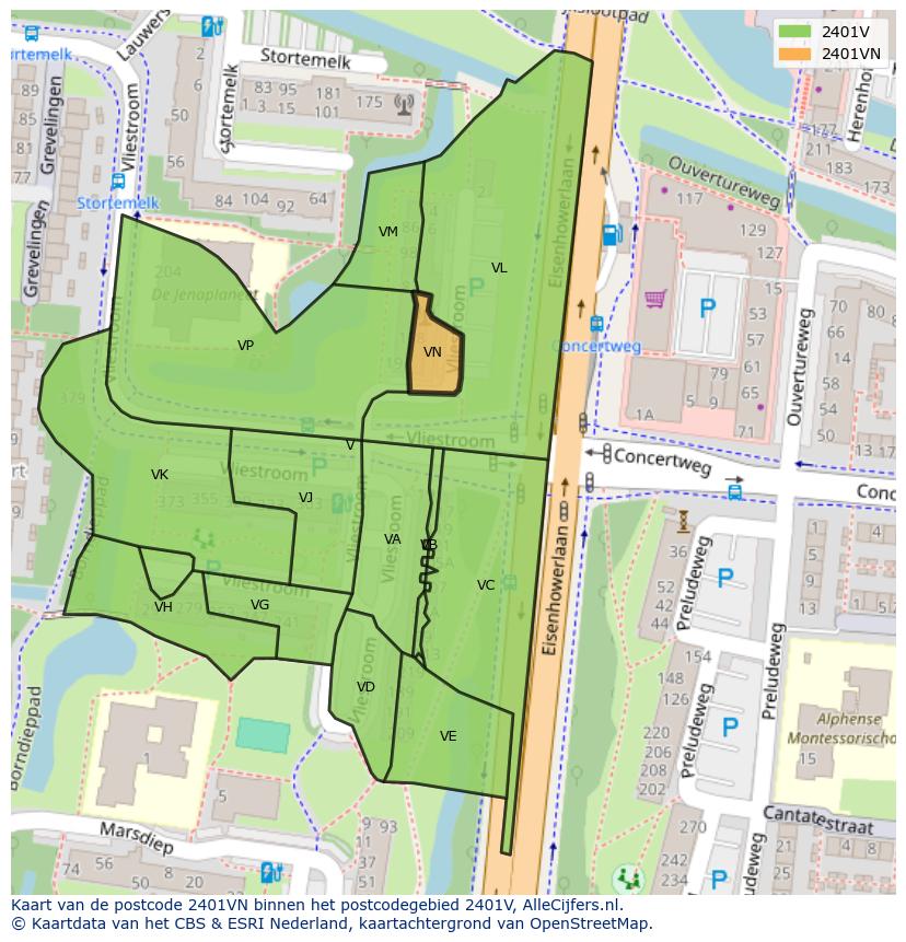 Afbeelding van het postcodegebied 2401 VN op de kaart.