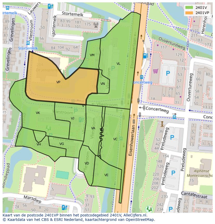 Afbeelding van het postcodegebied 2401 VP op de kaart.