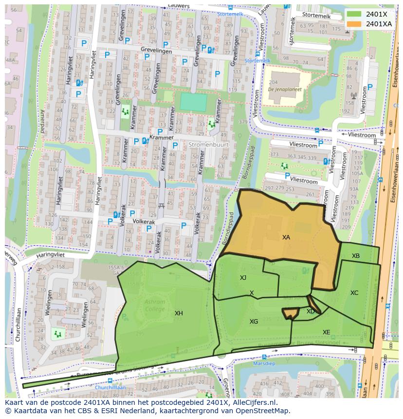 Afbeelding van het postcodegebied 2401 XA op de kaart.