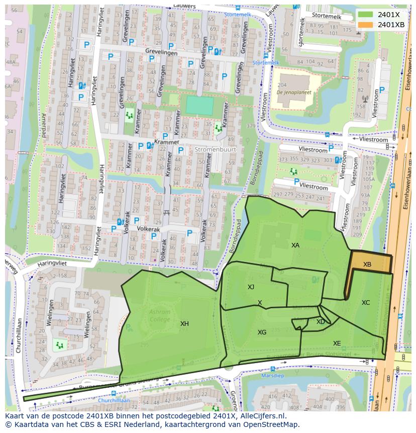 Afbeelding van het postcodegebied 2401 XB op de kaart.