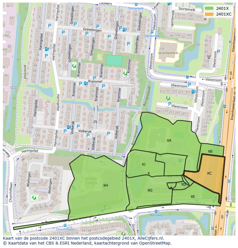 Afbeelding van het postcodegebied 2401 XC op de kaart.