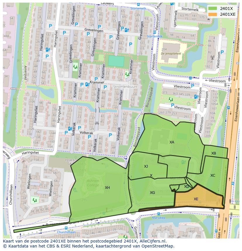 Afbeelding van het postcodegebied 2401 XE op de kaart.