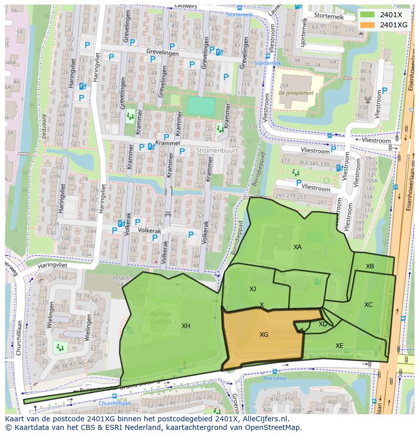 Afbeelding van het postcodegebied 2401 XG op de kaart.