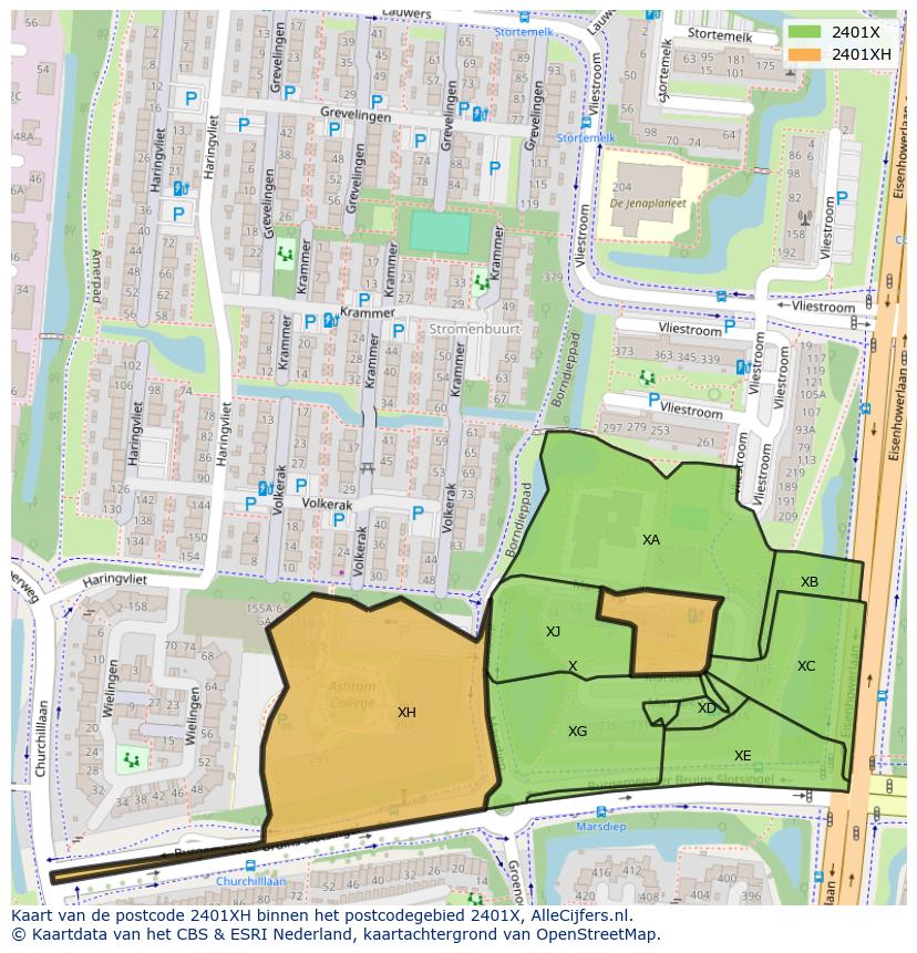 Afbeelding van het postcodegebied 2401 XH op de kaart.